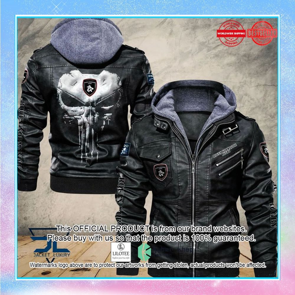 rouen normandie rugby punisher skull leather jacket 1 818