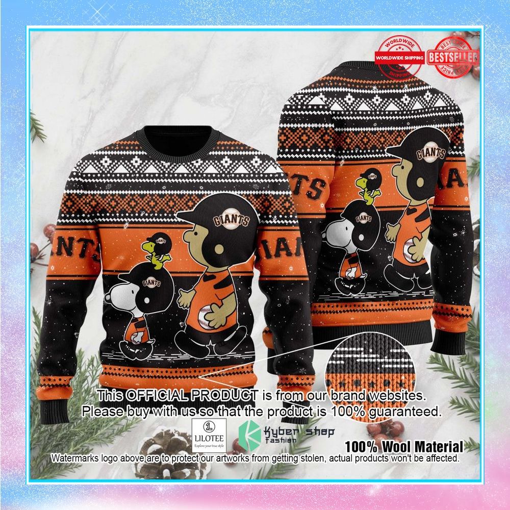 san francisco giants charlie brown snoopy wear football jersey christmas sweater 1 720
