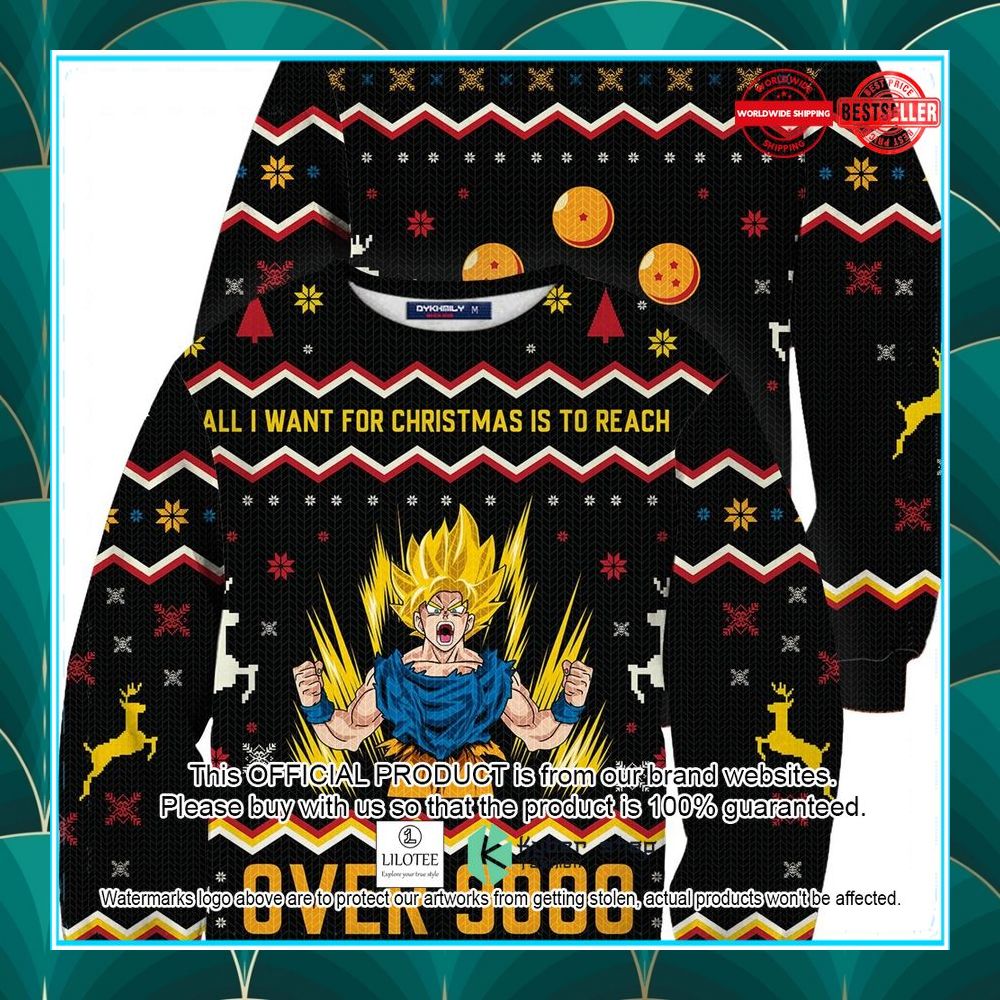 son goku all i want for christmas is to reach over 9000 christmas sweater 1 155