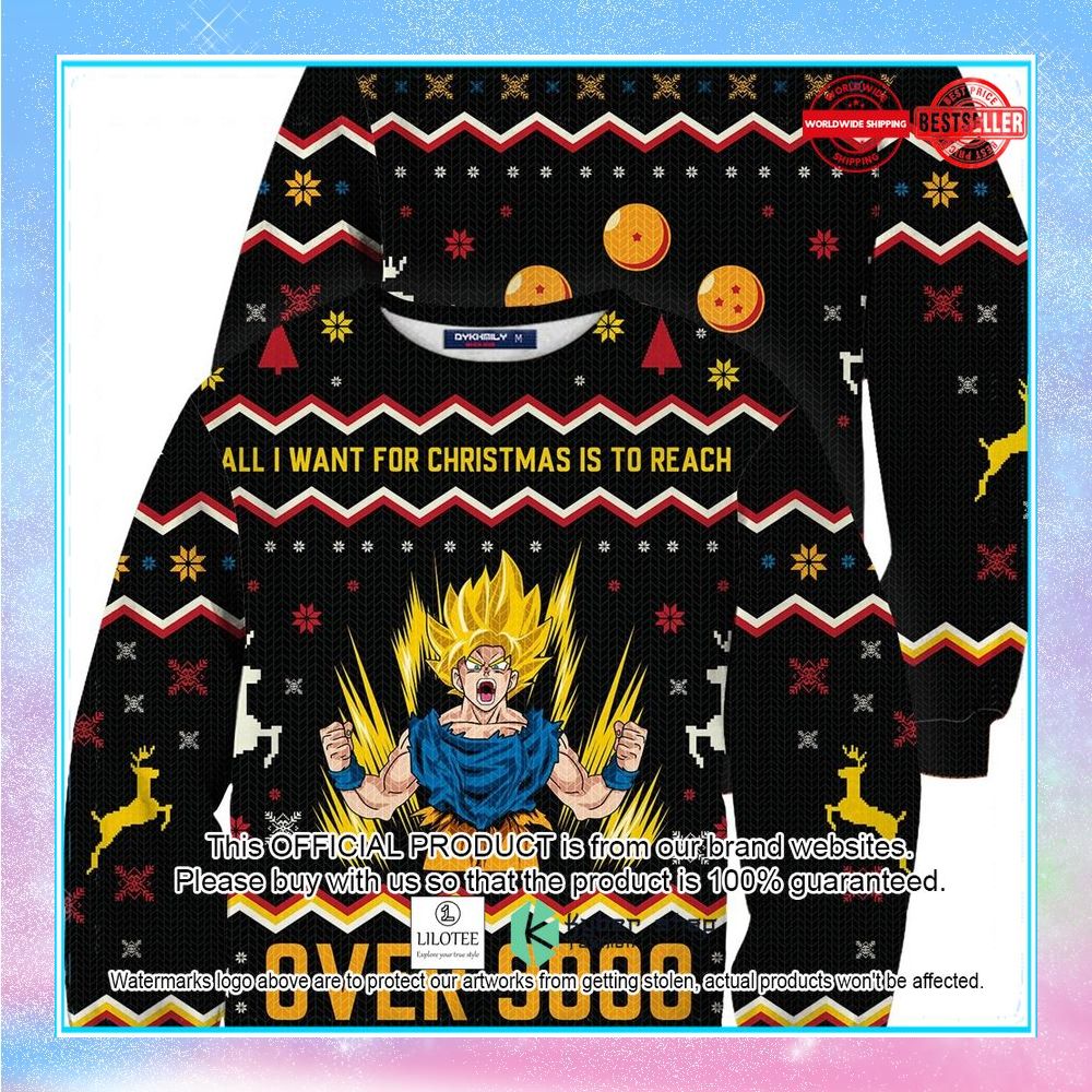 son goku all i want for christmas is to reach over 9000 christmas sweater 1 185