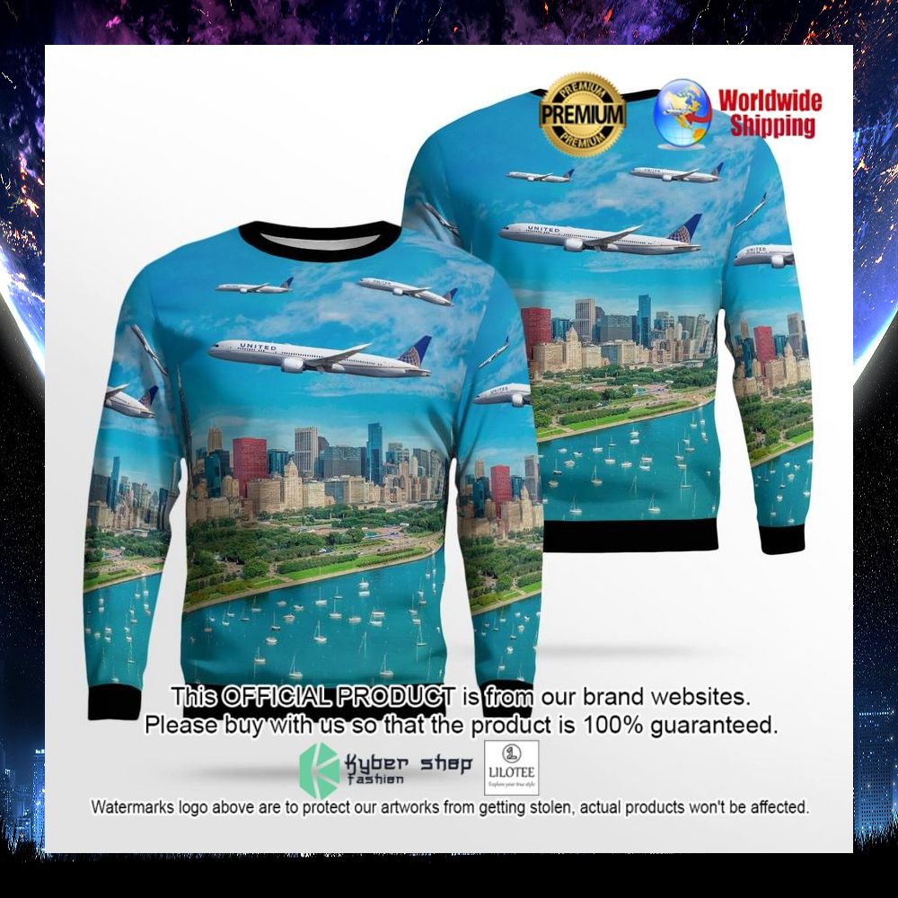 united airlines boeing 787 9 dreamliner 2021 over chicago ugly sweater 1 525