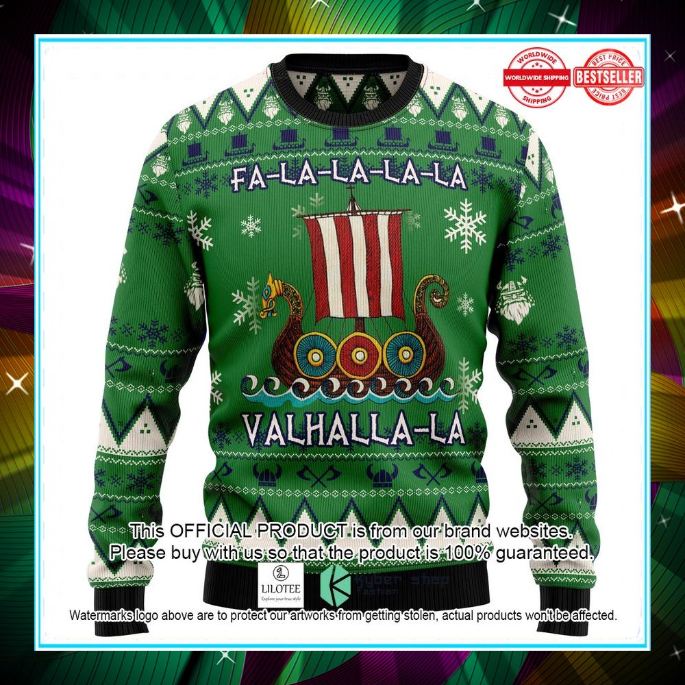 viking fa la la valhalla la green christmas sweater 1 971