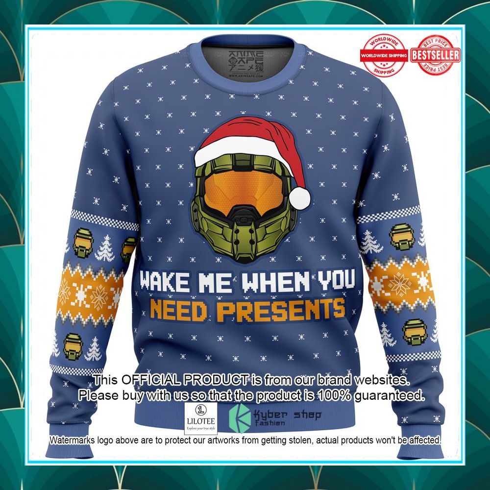 wake me when you need presents halo ugly christmas sweater 1 870