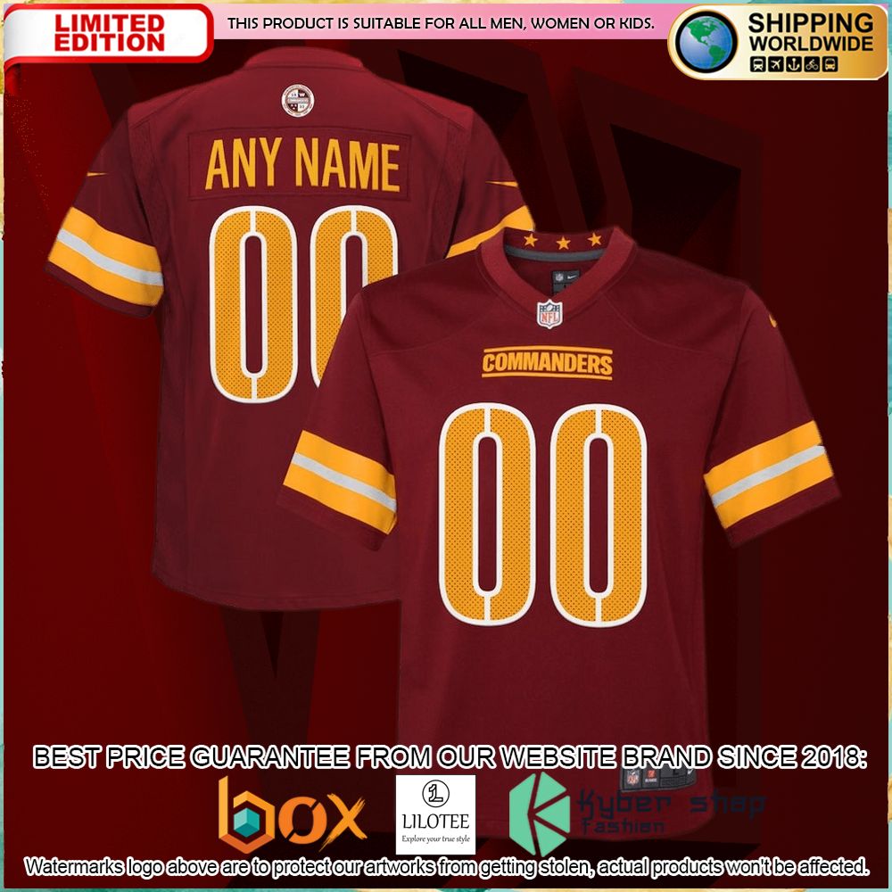 washington commanders nike youth custom burgundy football jersey 1 251
