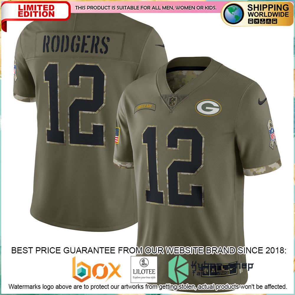 aaron rodgers green bay packers nike 2022 salute to service olive football jersey 1 563
