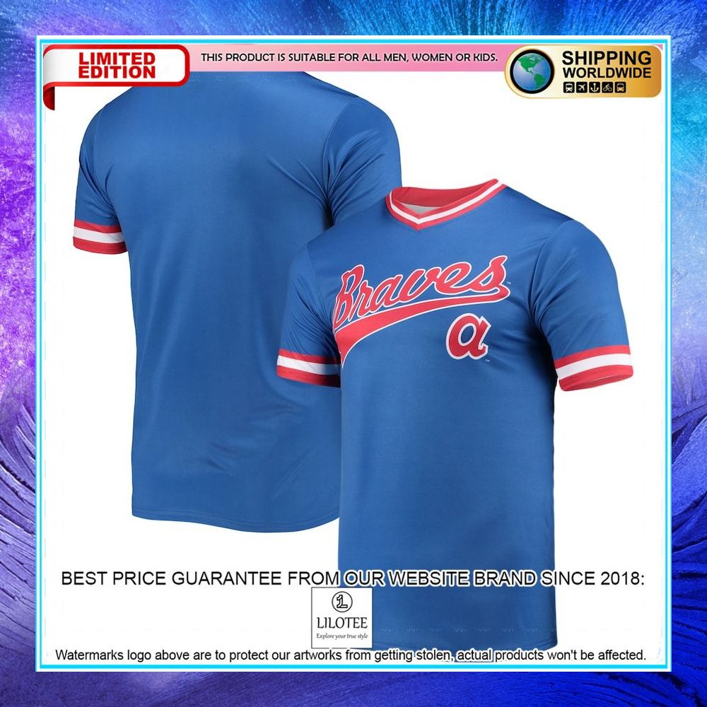 atlanta braves stitches cooperstown collection v neck team color royal red baseball jersey 1 713