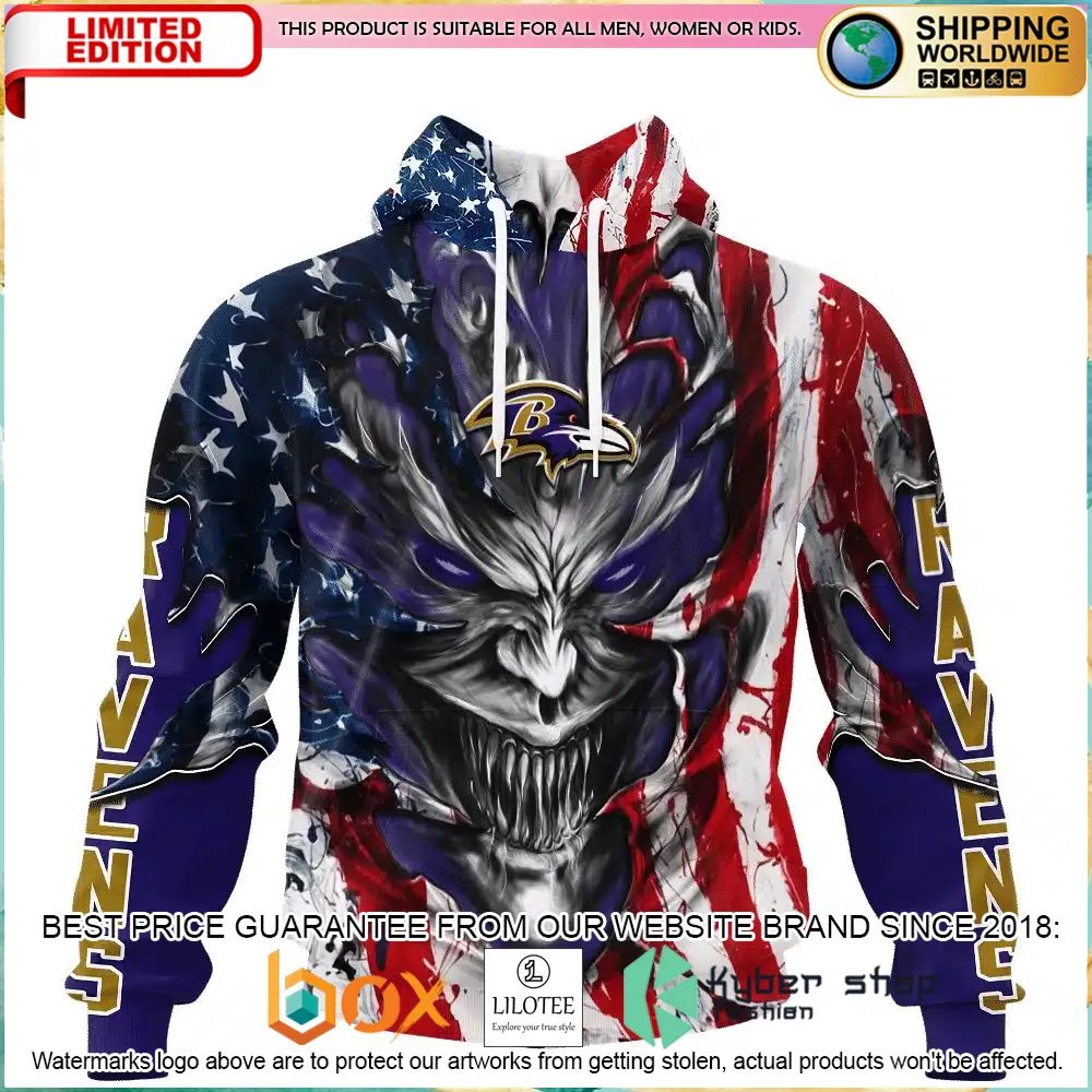 baltimore ravens demon face us flag personalized hoodie shirt 1 423