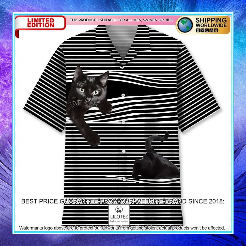 black cat black and white stripes pattern hawaiian shirt 1 220