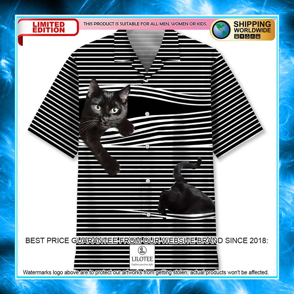 black cat black and white stripes pattern hawaiian shirt 1 446
