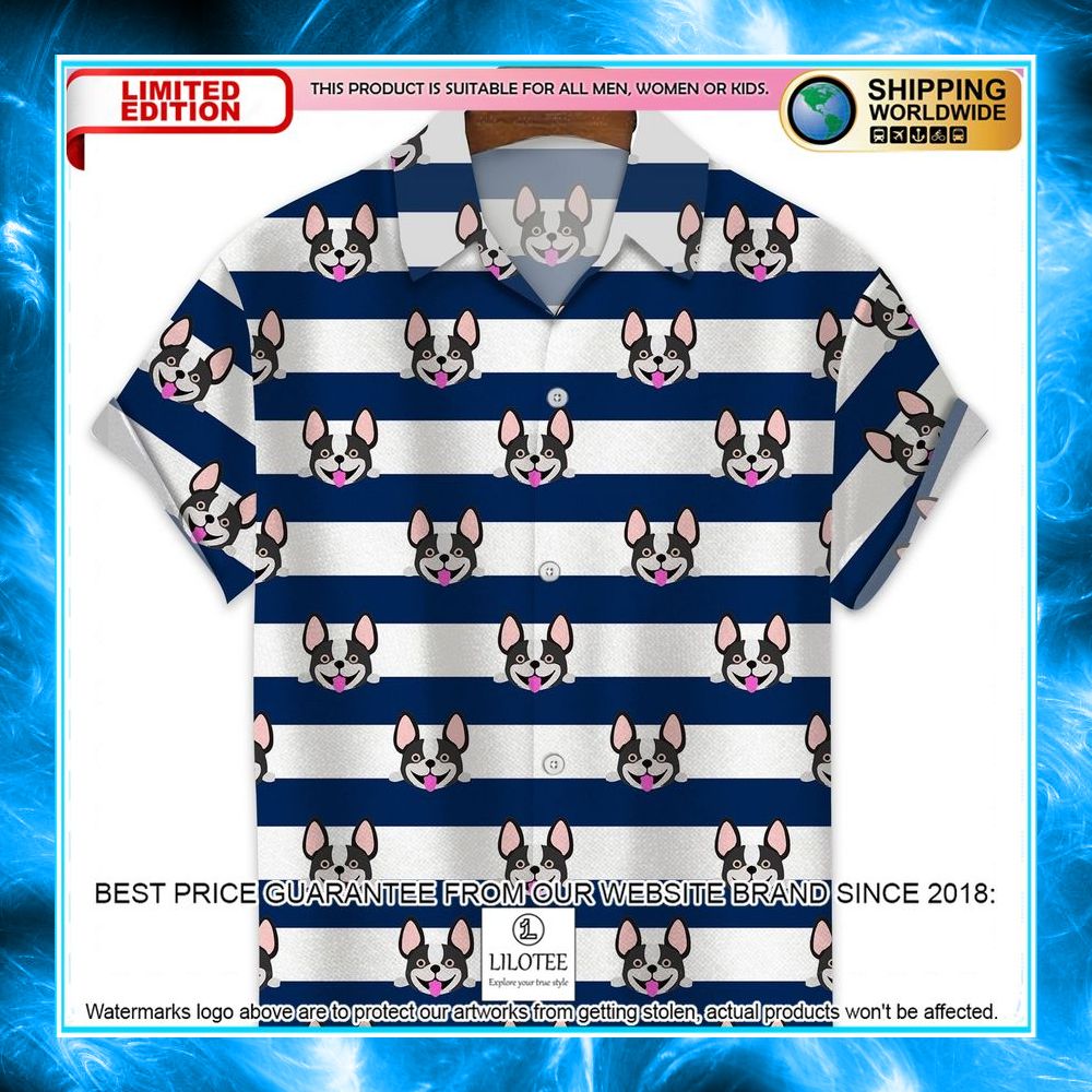 boston terrier blue stripes hawaiian shirt 1 470