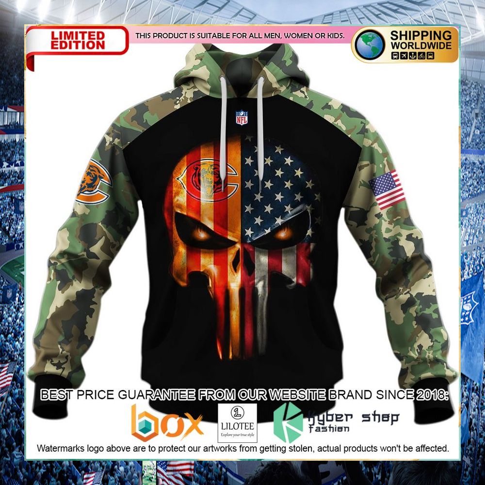 chicago bears army camouflage american flag punisher skull hoodie shirt 1 59