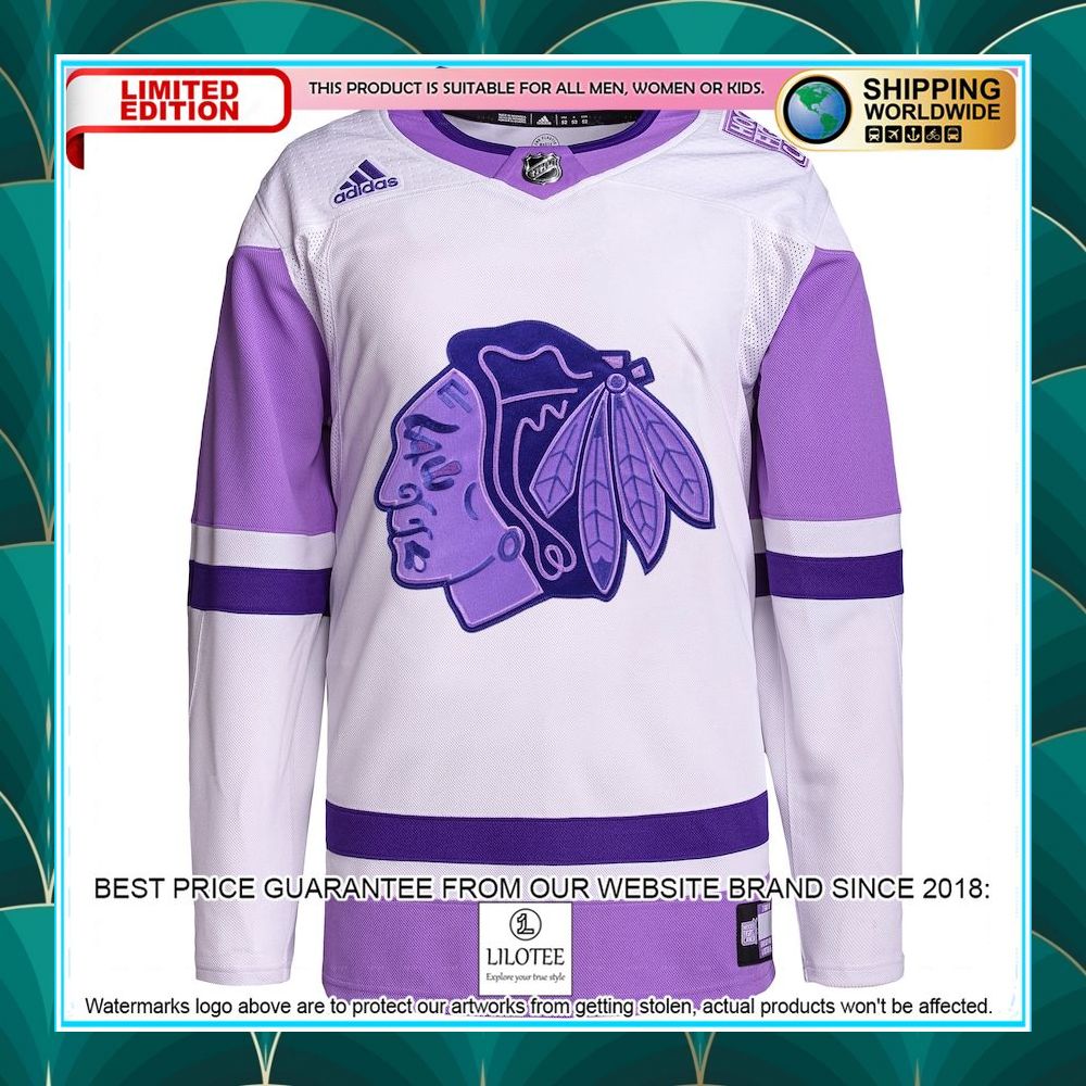 chicago blackhawks adidas hockey fights cancer primegreen custom white purple hockey jersey 2 617