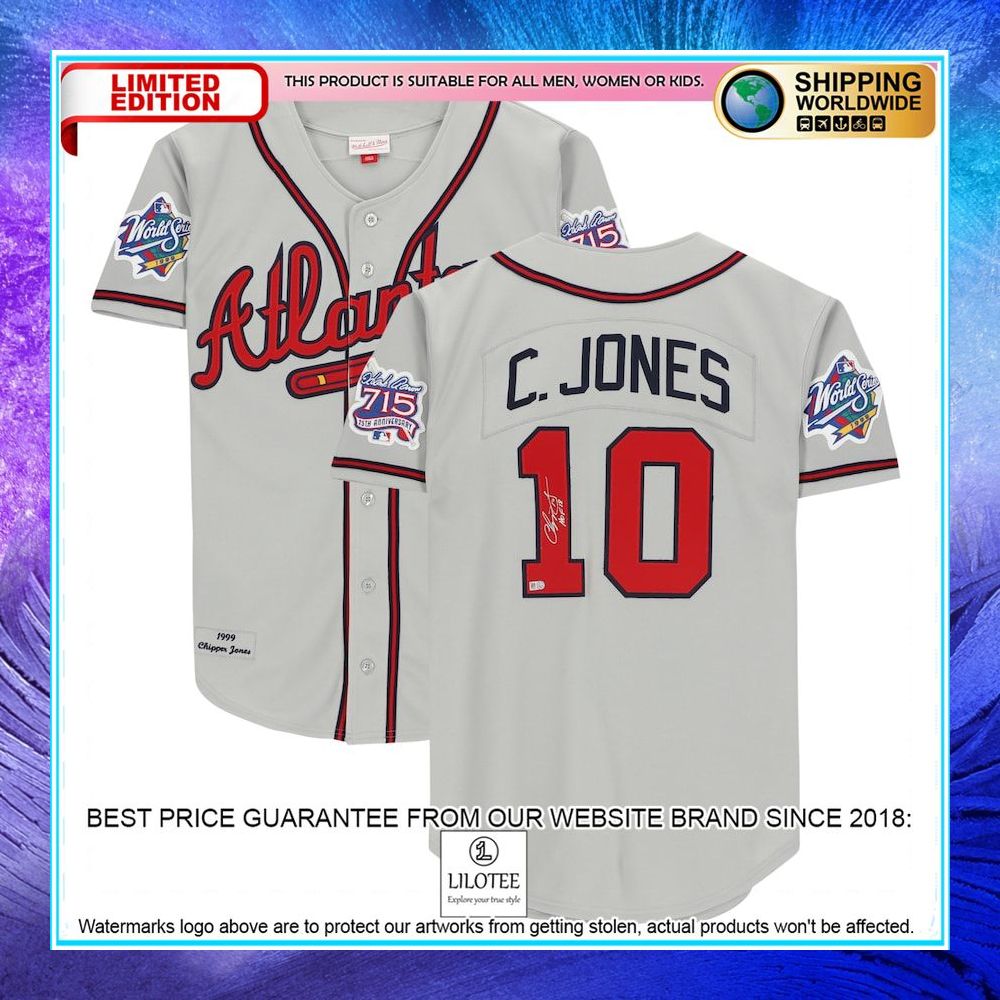 chipper jones atlanta braves autographed grey mitchell and ness cooperstown collection with hof 18 inscription baseball jersey 1 15
