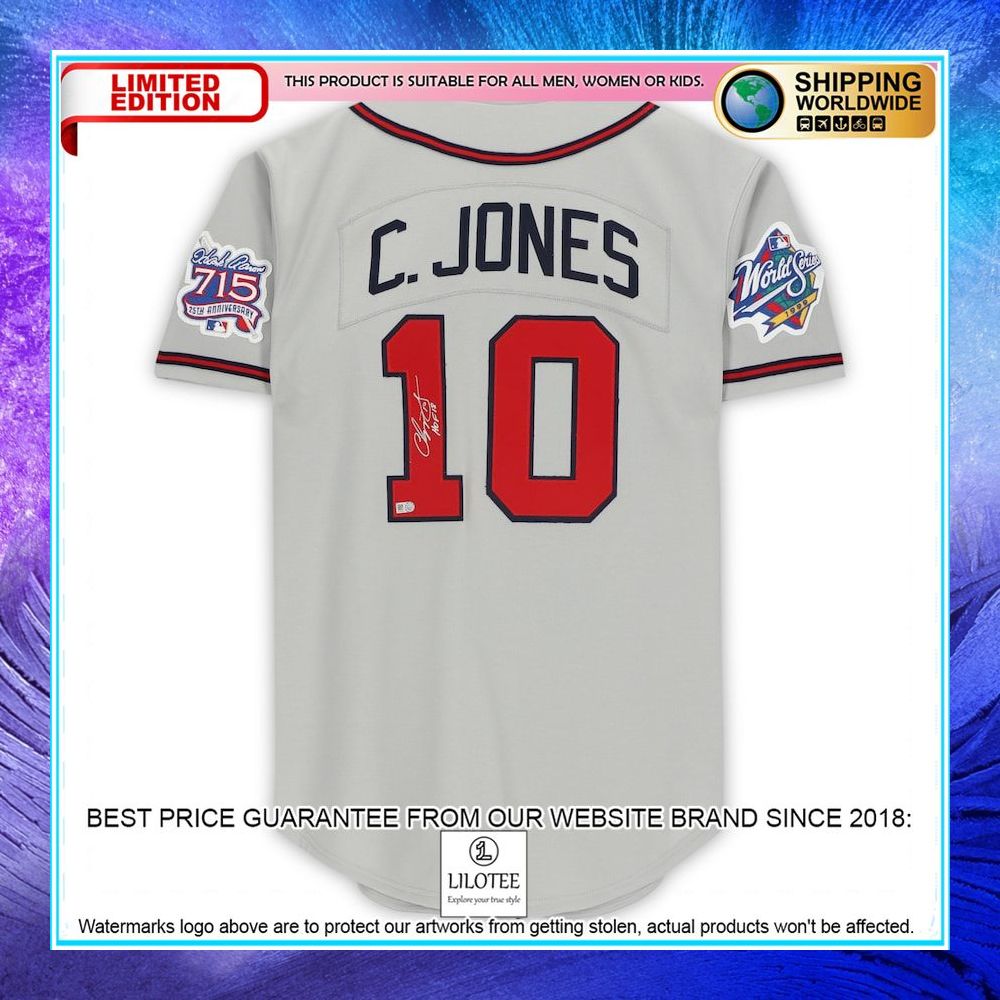 chipper jones atlanta braves autographed grey mitchell and ness cooperstown collection with hof 18 inscription baseball jersey 2 908