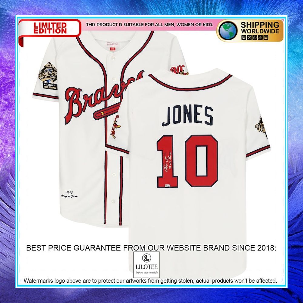 chipper jones atlanta braves autographed white 1995 world series patch mitchell and ness with 95 ws champs inscription baseball jersey 1 570
