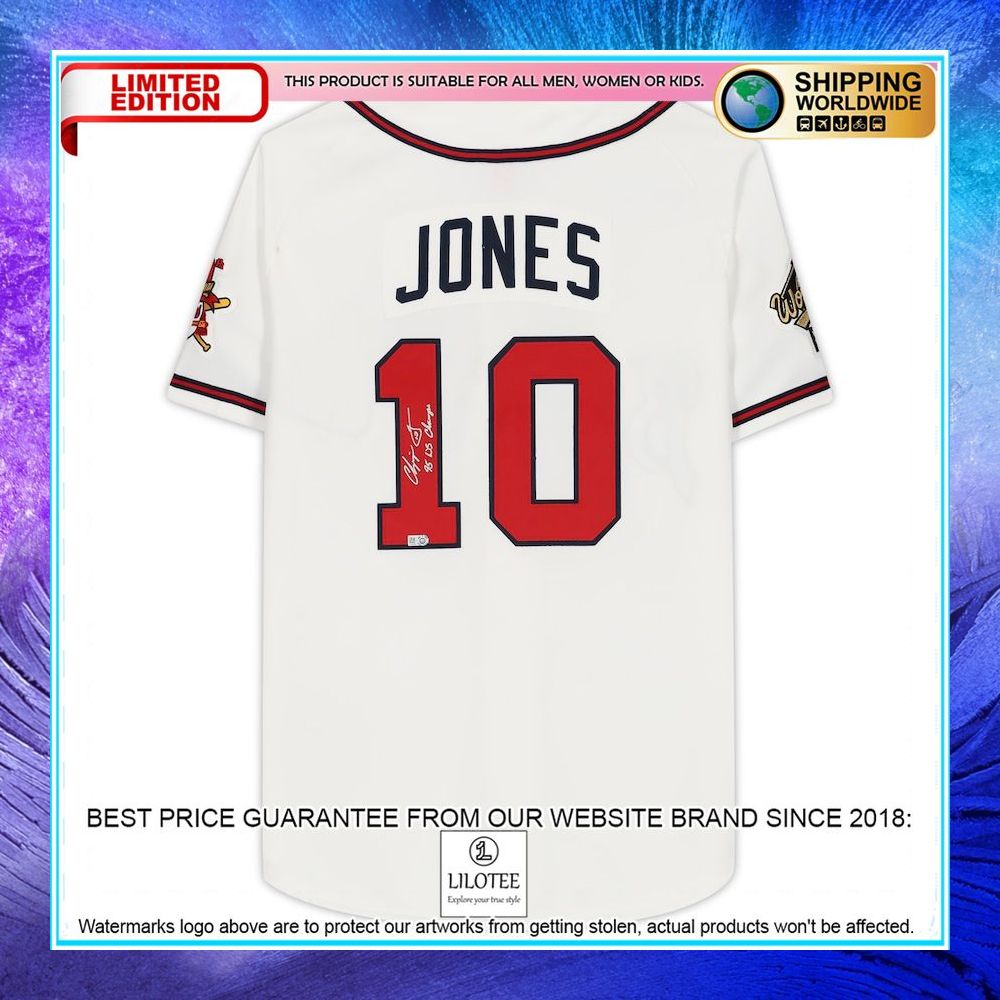 chipper jones atlanta braves autographed white 1995 world series patch mitchell and ness with 95 ws champs inscription baseball jersey 2 885