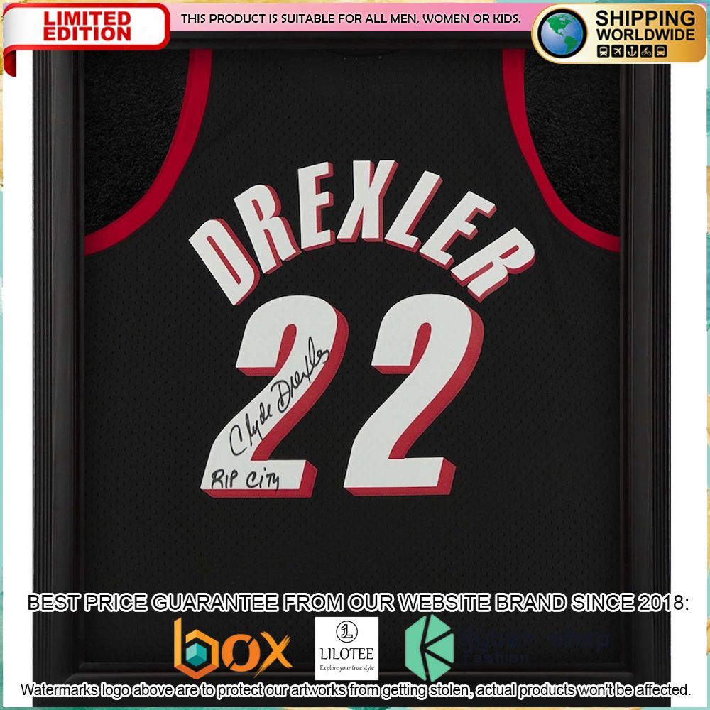 clyde drexler portland trail blazers framed black 1991 92 basketball jersey 1 877
