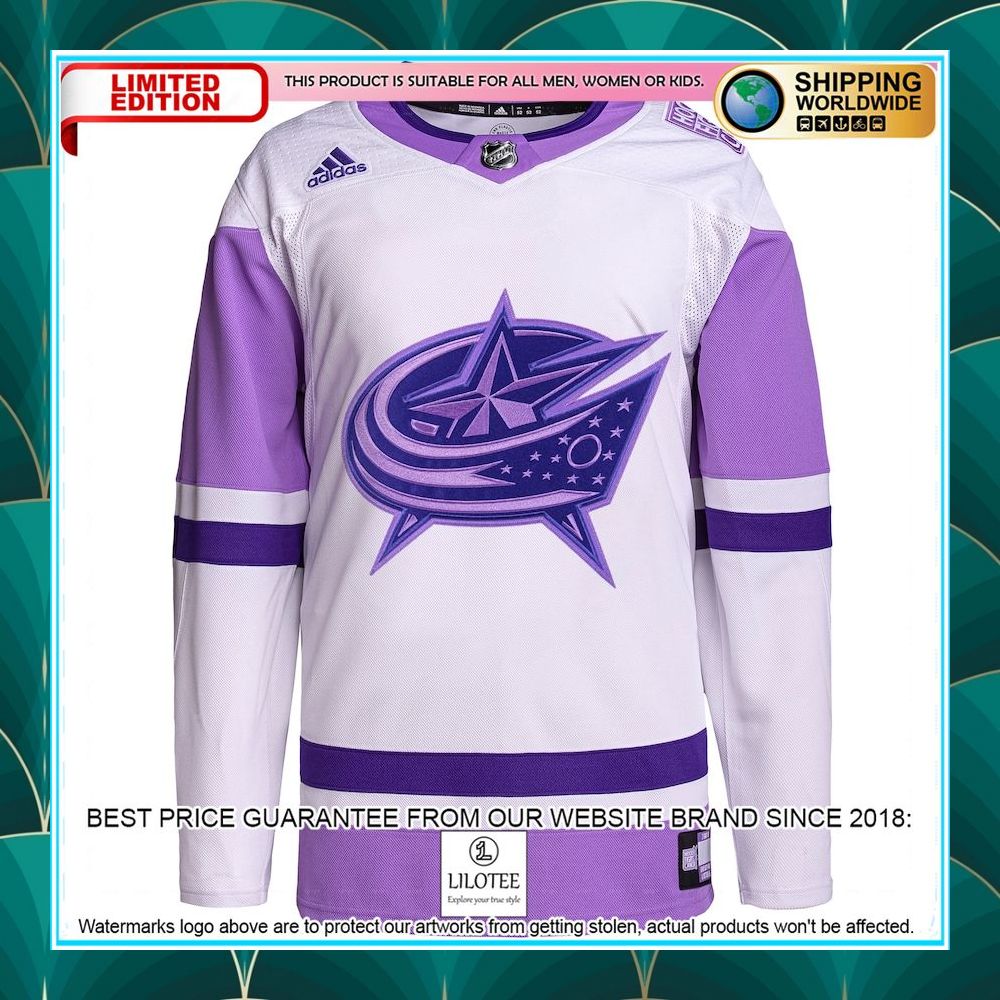 columbus blue jackets adidas hockey fights cancer primegreen custom white purple hockey jersey 2 963