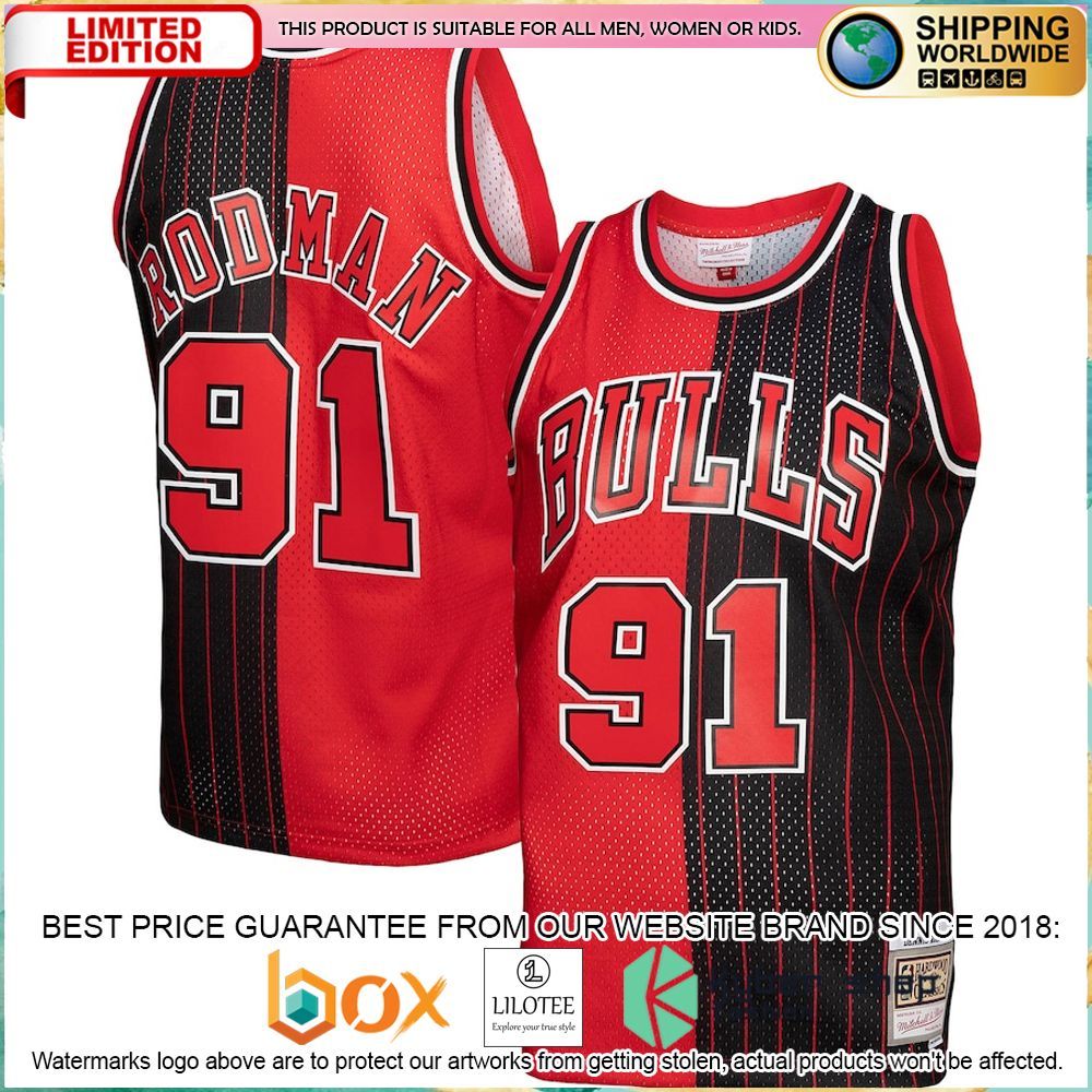dennis rodman chicago bulls mitchell ness 1995 96 red black basketball jersey 1 394