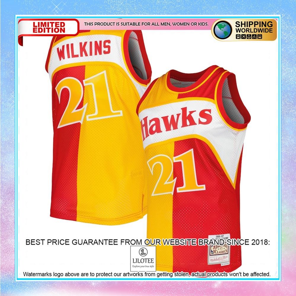 dominique wilkins atlanta hawks mitchell ness hardwood classics 1986 87 split yellow red basketball jersey 1 896