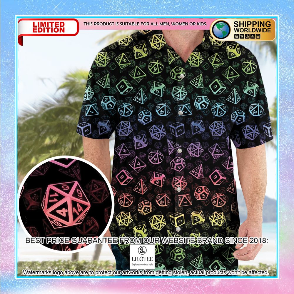 dungeons and dragons rainbow dice set pattern hawaiian shirt 1 574