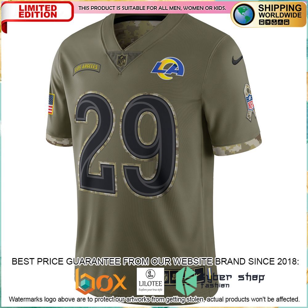 eric dickerson los angeles rams 2022 salute to service retired olive football jersey 2 99