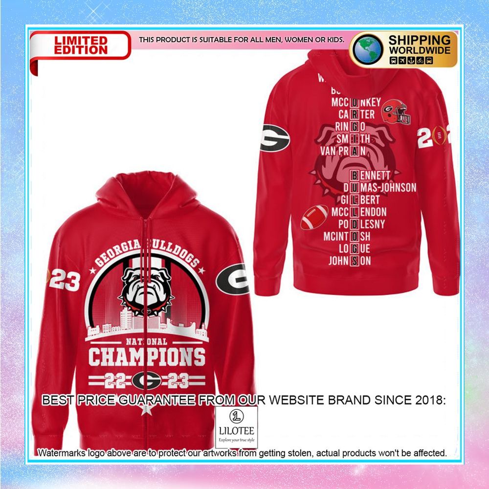 georgia bulldogs circle logo 2023 champions red 3d hoodie shirt 1 859