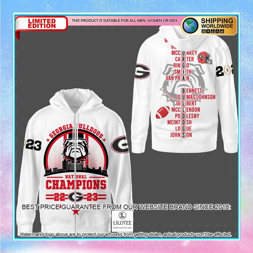 georgia bulldogs circle logo 2023 champions white 3d hoodie shirt 2 393