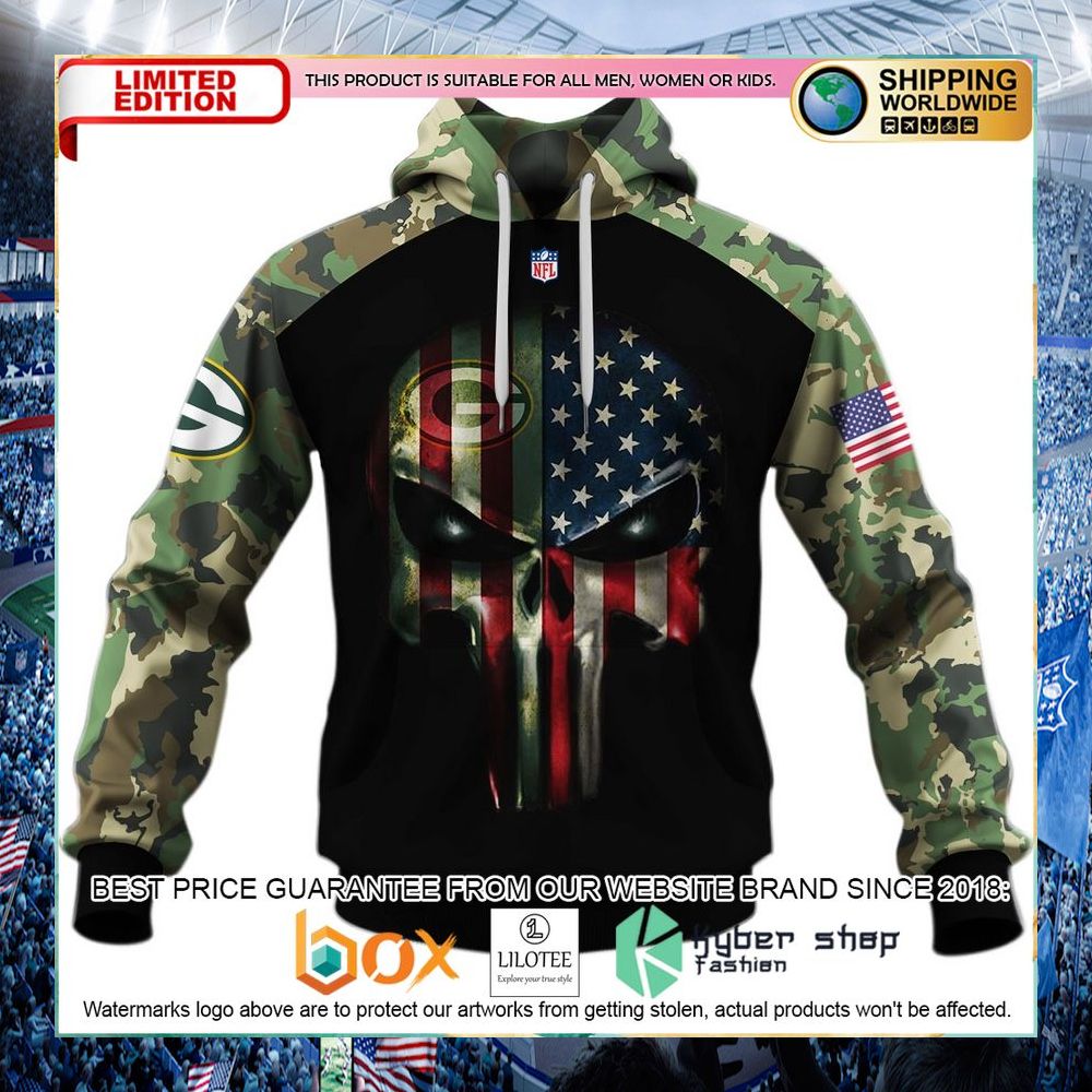 green bay packers army camouflage american flag punisher skull hoodie shirt 1 541