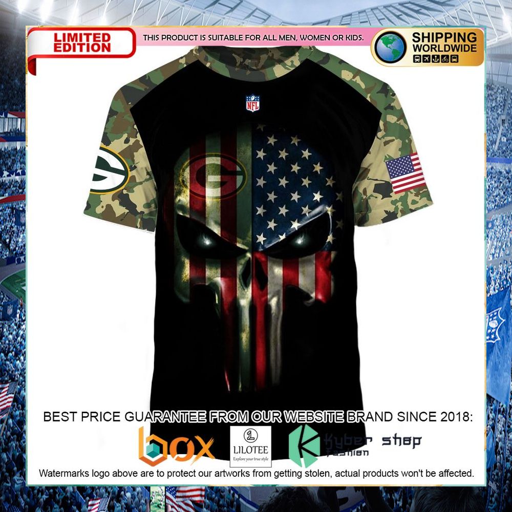 green bay packers army camouflage american flag punisher skull hoodie shirt 2 805