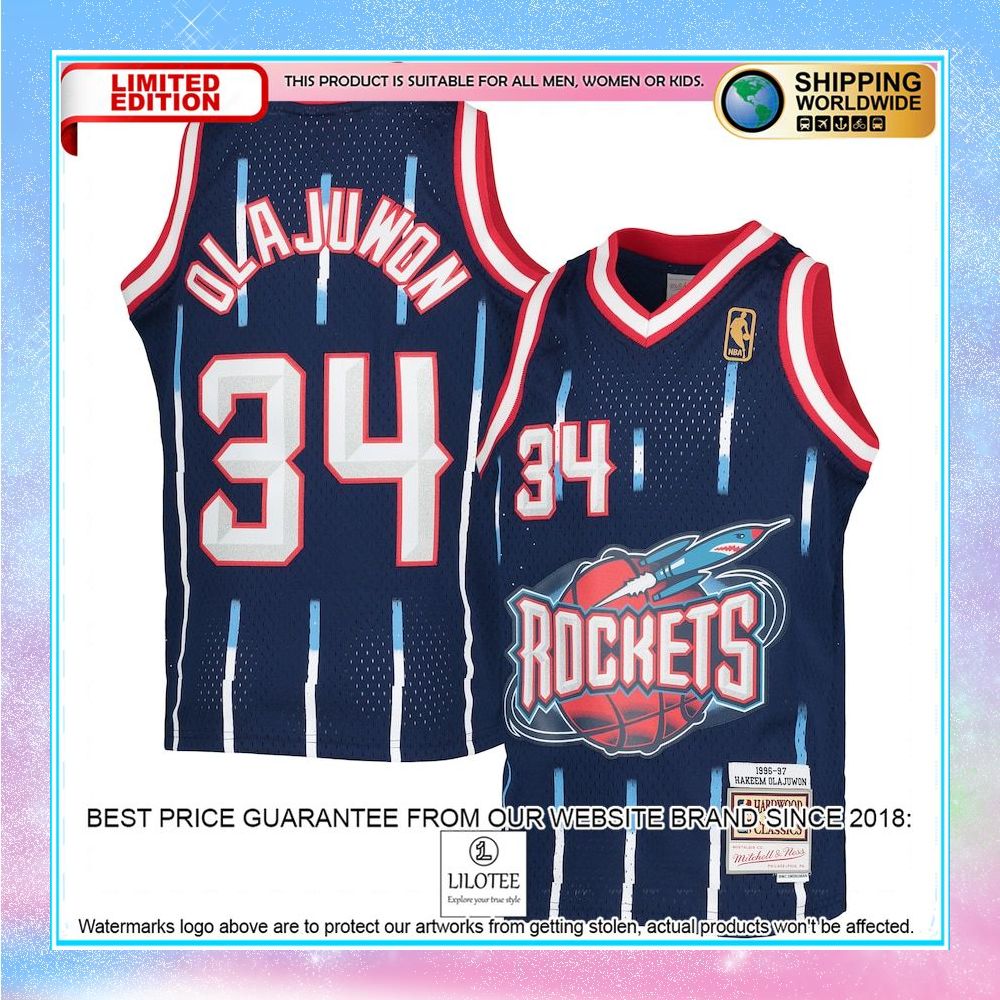 hakeem olajuwon houston rockets mitchell ness youth 1996 97 hardwood classics navy basketball jersey 1 946