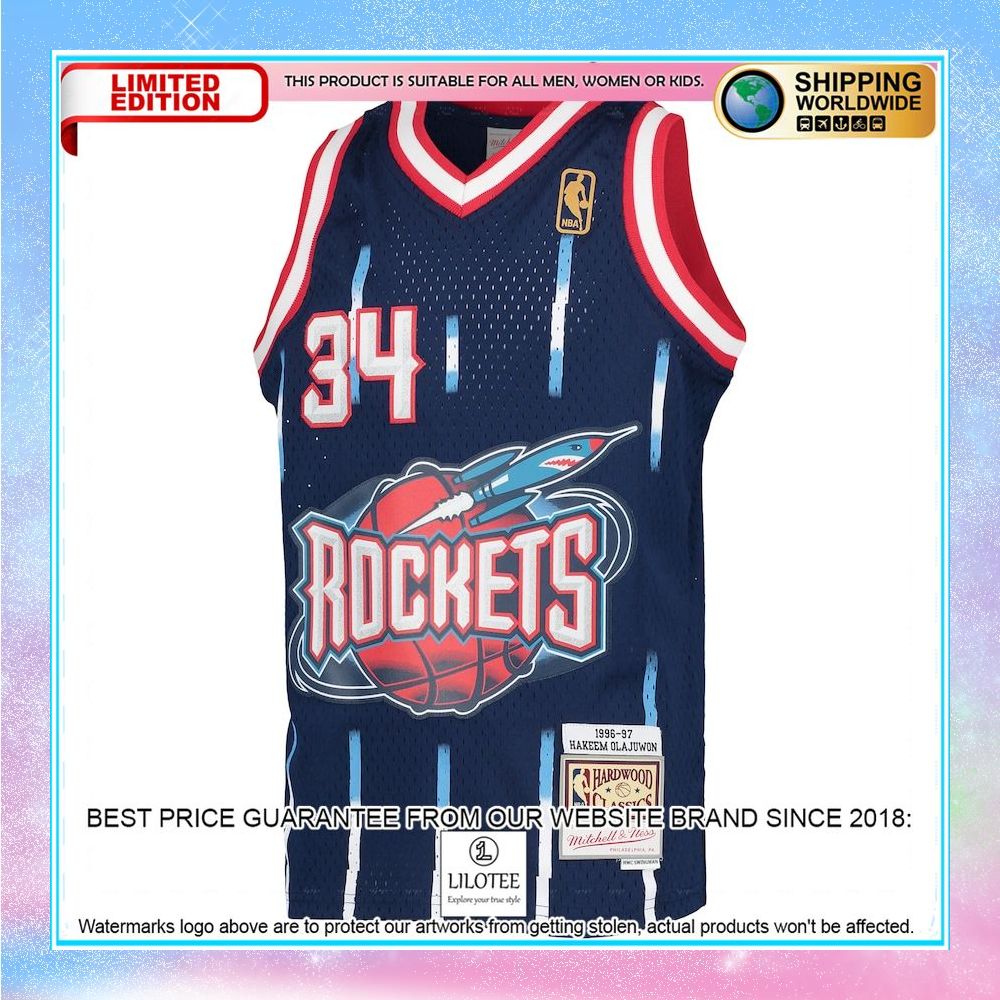 hakeem olajuwon houston rockets mitchell ness youth 1996 97 hardwood classics navy basketball jersey 2 561