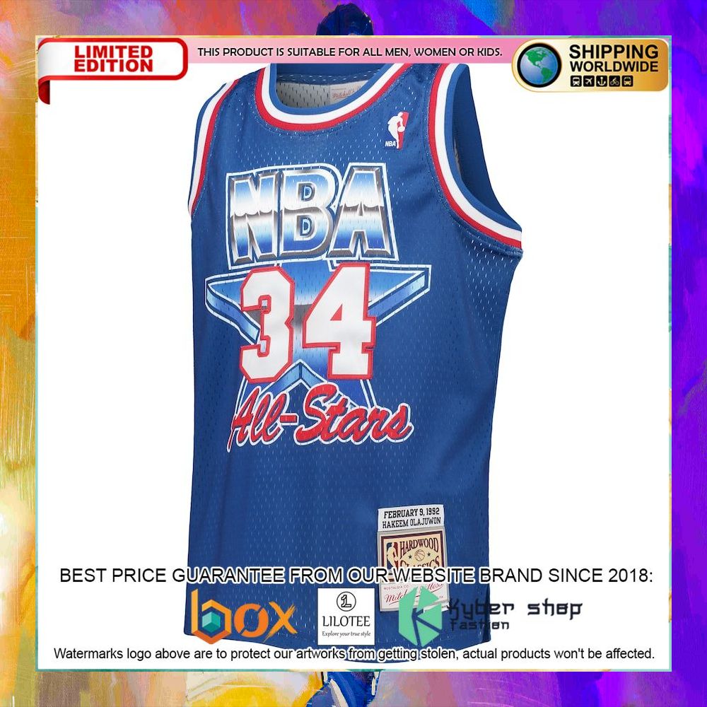 hakeem olajuwon western conference 1992 nba all star game blue basketball jersey 2 101