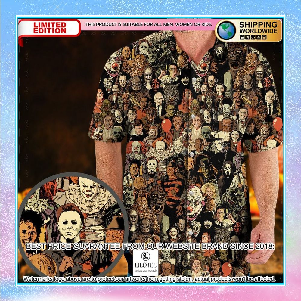 horror movie characters halloween pattern hawaiian shirt 1 290