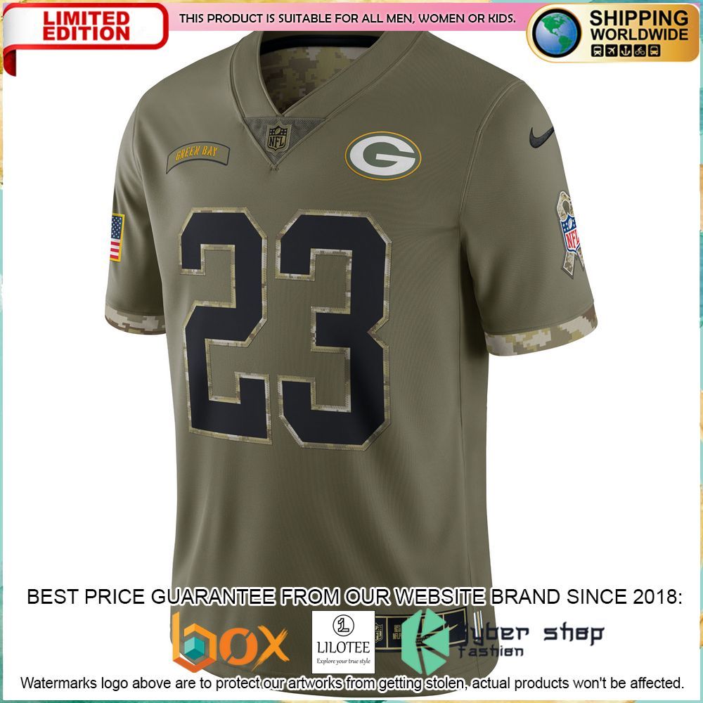 jaire alexander green bay packers nike 2022 salute to service olive football jersey 2 666