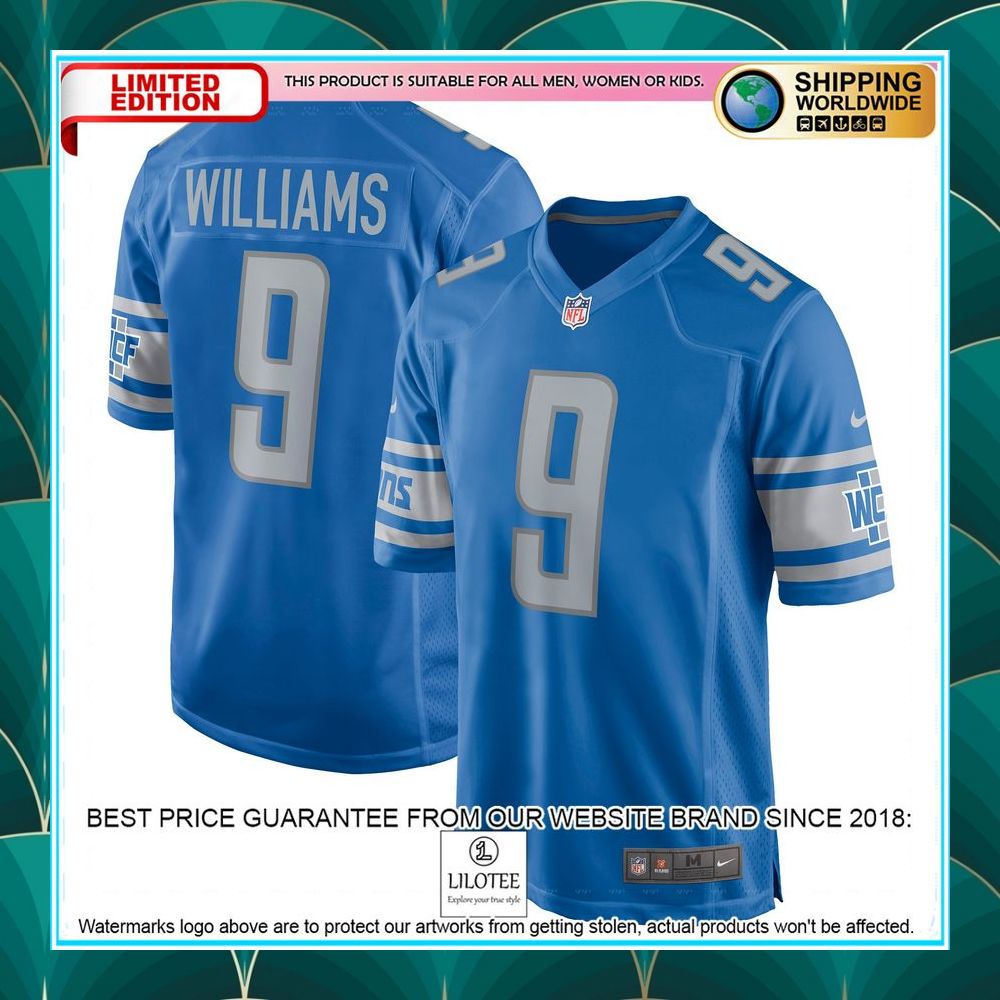 jameson williams detroit lions 2022 nfl draft first round pick blue football jersey 1 66
