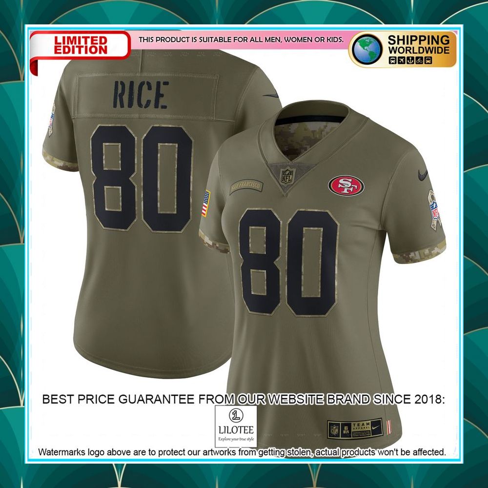 jerry rice san francisco 49ers womens 2022 salute to service retired olive football jersey 1 705