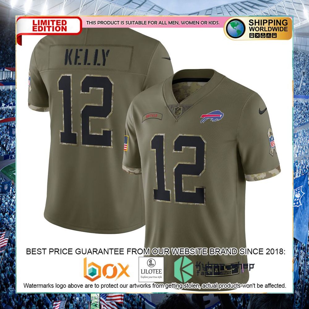 Jim Kelly Buffalo Bills 2022 Salute To Service Retired Olive Football Jersey - LIMITED EDITION 5 jim kelly buffalo bills 2022 salute to service retired olive football jersey 1 659