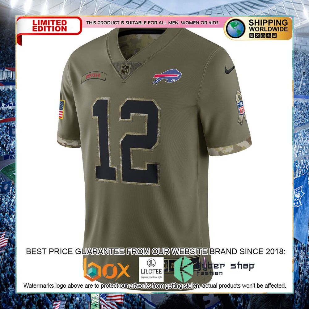 Jim Kelly Buffalo Bills 2022 Salute To Service Retired Olive Football Jersey - LIMITED EDITION 6 jim kelly buffalo bills 2022 salute to service retired olive football jersey 2 315