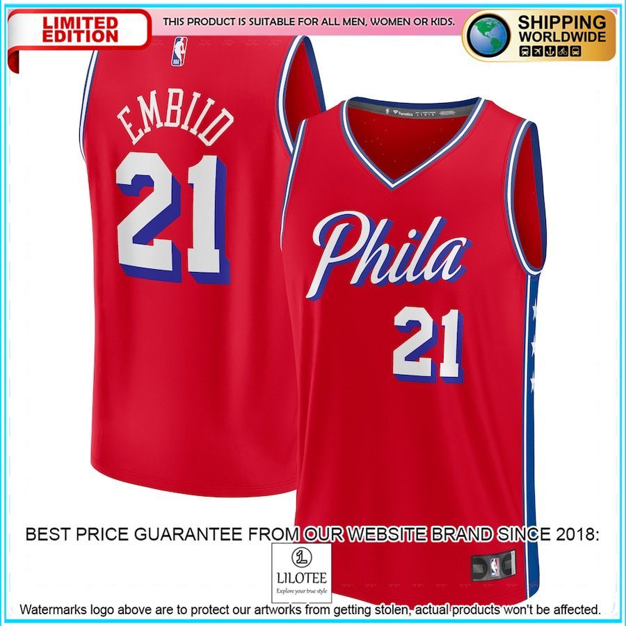 joel embiid philadelphia 76ers 2022 23 player red basketball jersey 1 119
