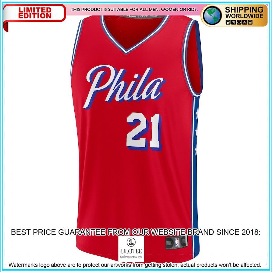 joel embiid philadelphia 76ers 2022 23 player red basketball jersey 2 957