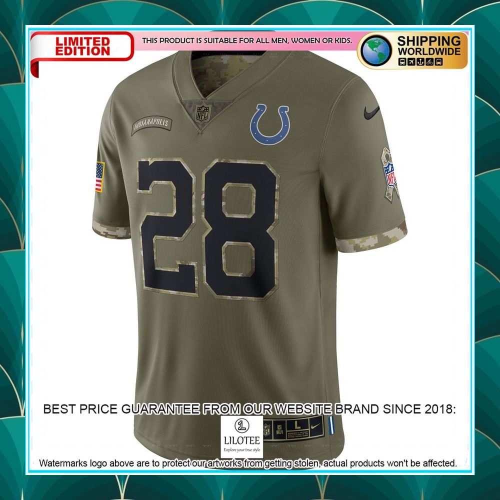 jonathan taylor indianapolis colts 2022 salute to service olive football jersey 2 579