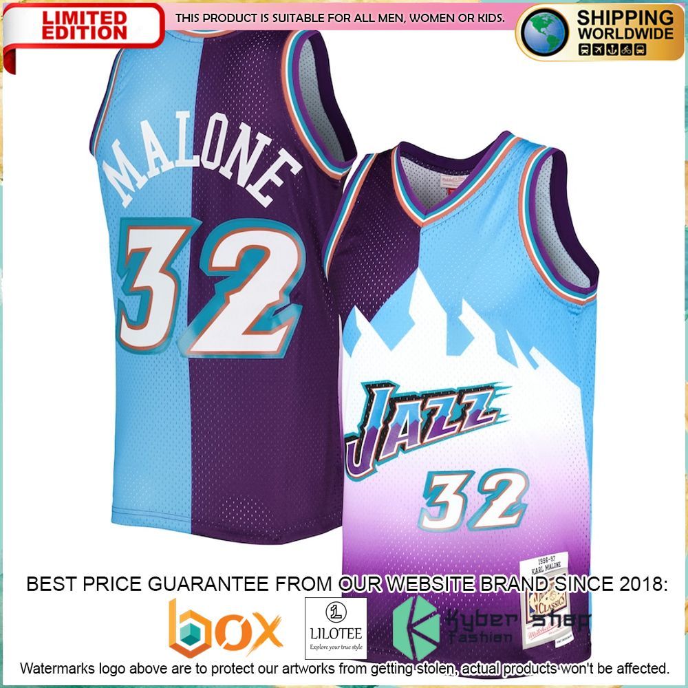 karl malone utah jazz mitchell ness 1996 97 purple turquoise basketball jersey 1 337