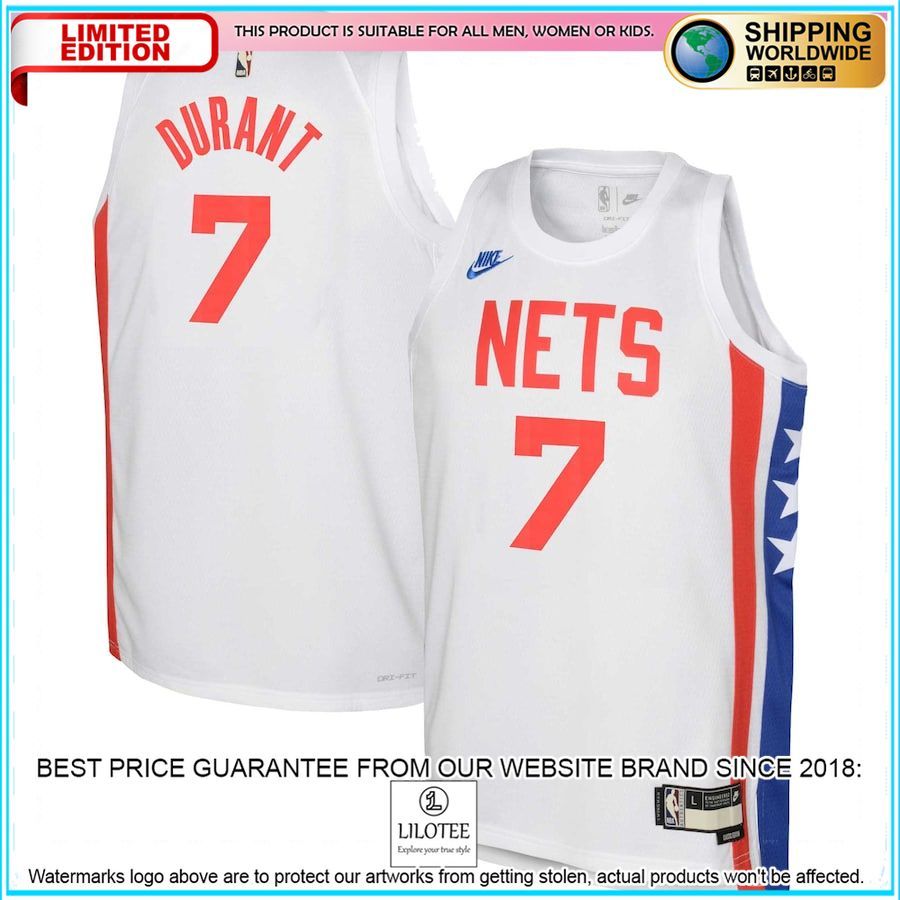 kevin durant brooklyn nets nike youth 2022 23 white basketball jersey 1 76