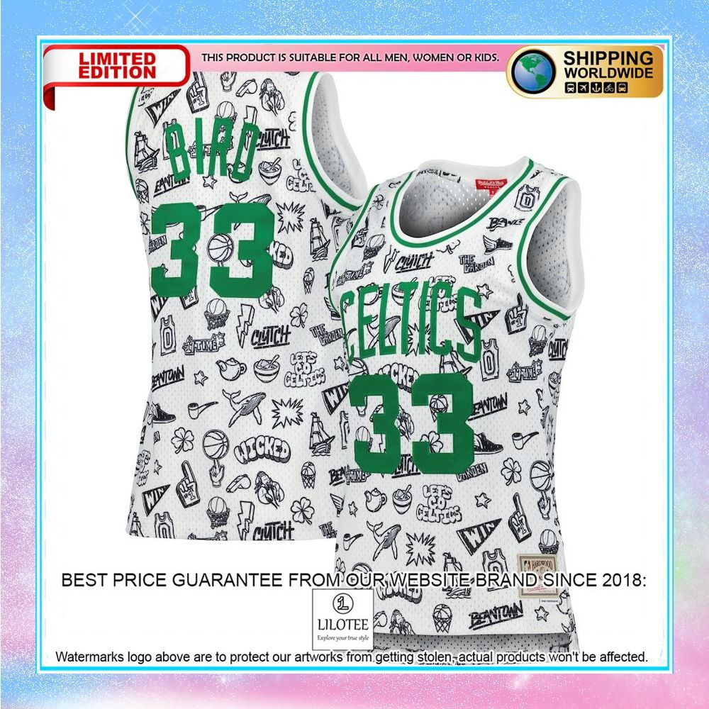 larry bird boston celtics mitchell ness womens 1985 doodle white basketball jersey 1 61