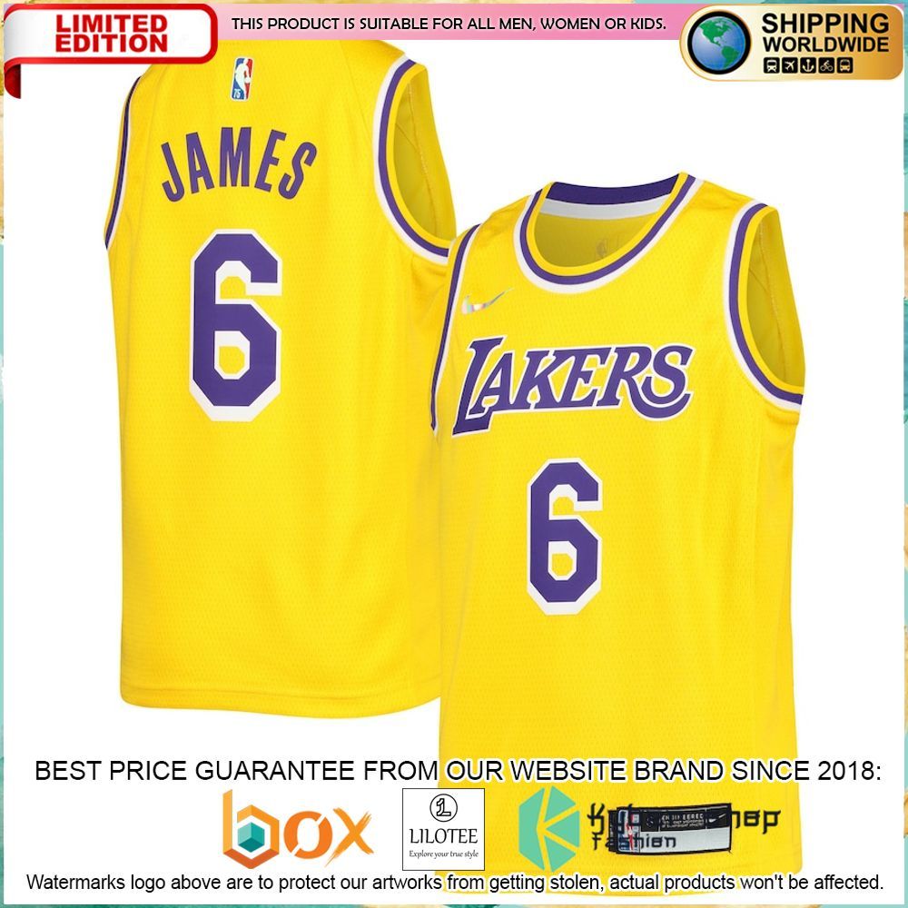 lebron james los angeles lakers nike youth 2021 22 gold basketball jersey 1 955
