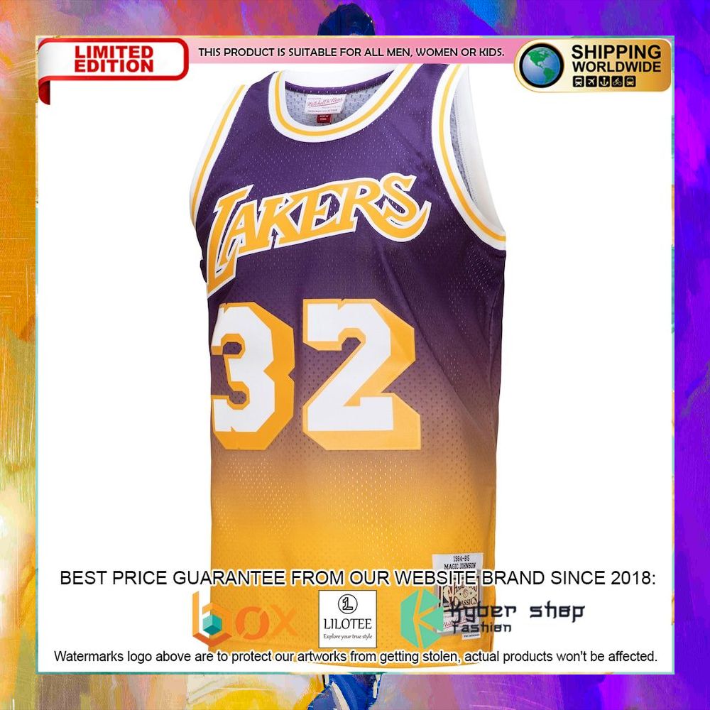 magic johnson los angeles lakers 1984 85 gold purple basketball jersey 2 287