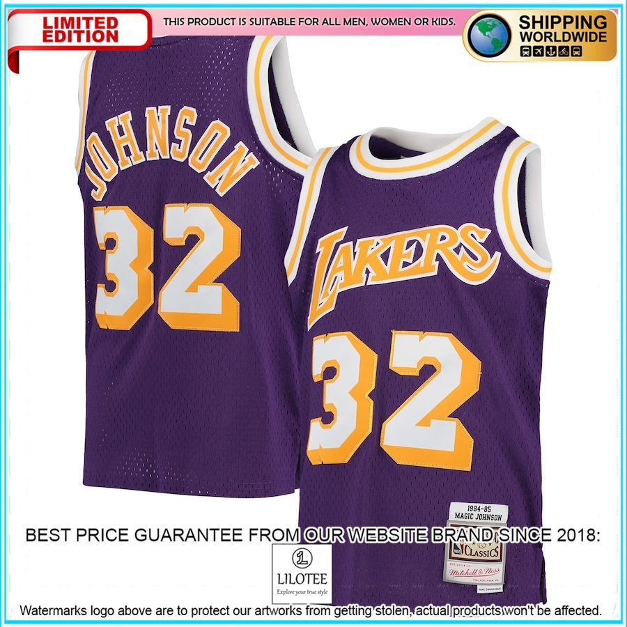 magic johnson los angeles lakers mitchell ness youth 1984 85 hardwood classics throwback purple basketball jersey 1 391