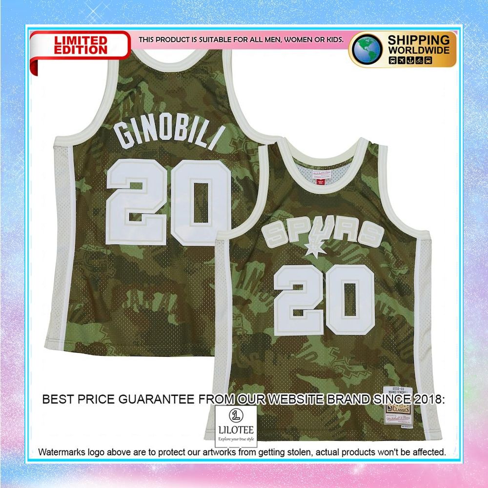 manu ginobili san antonio spurs mitchell ness unisex hardwood classics 2002 03 ghost green camo basketball jersey 1 485