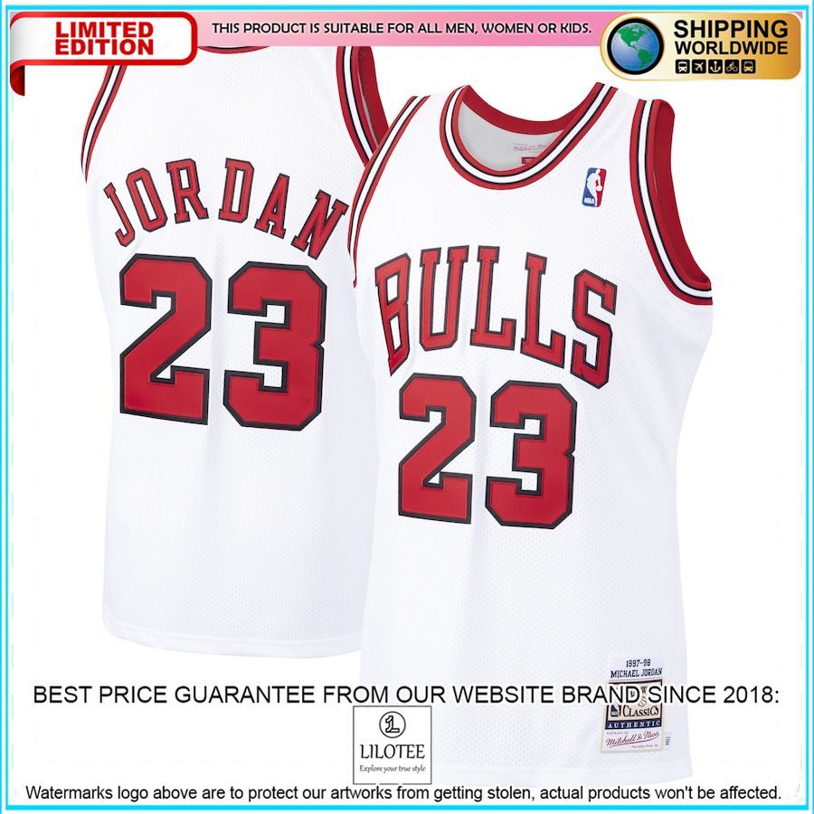 michael jordan chicago bulls mitchell ness 1997 98 hardwood classics authentic player white basketball jersey 1 365